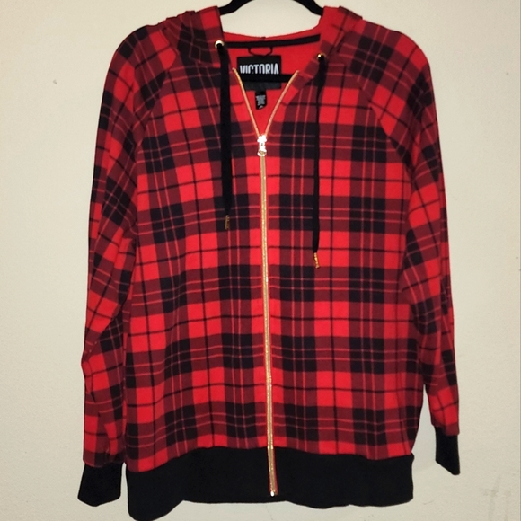 VS SPORT Full Zip Hoodie Soft Fleece Color Red Plaid, Size Medium - Picture 2 of 10